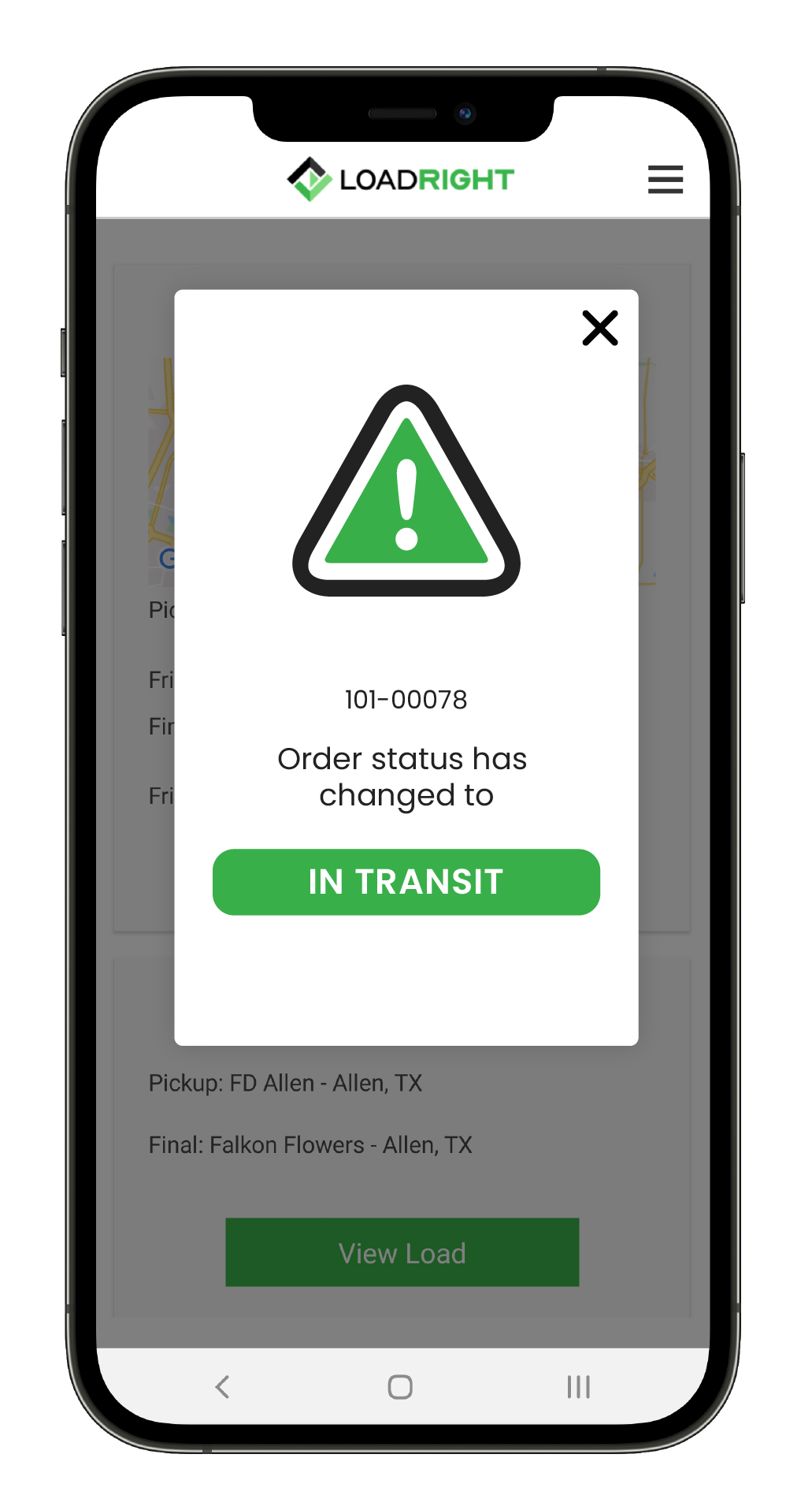 In-transit alert from the mobile app developed for LoadRight