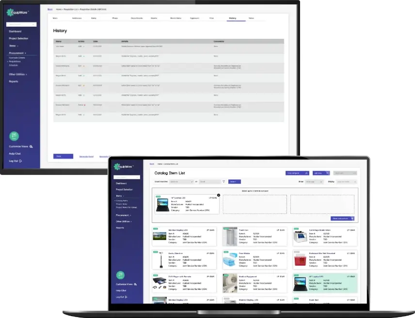 EquipWare app showing on monitor and laptop grouped together