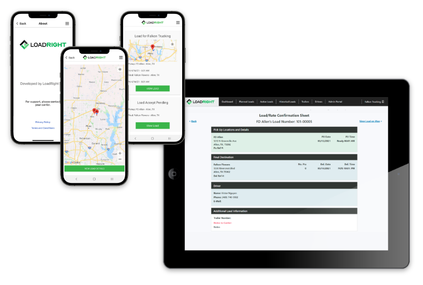Three phone screens from the mobile app developed for Loadright