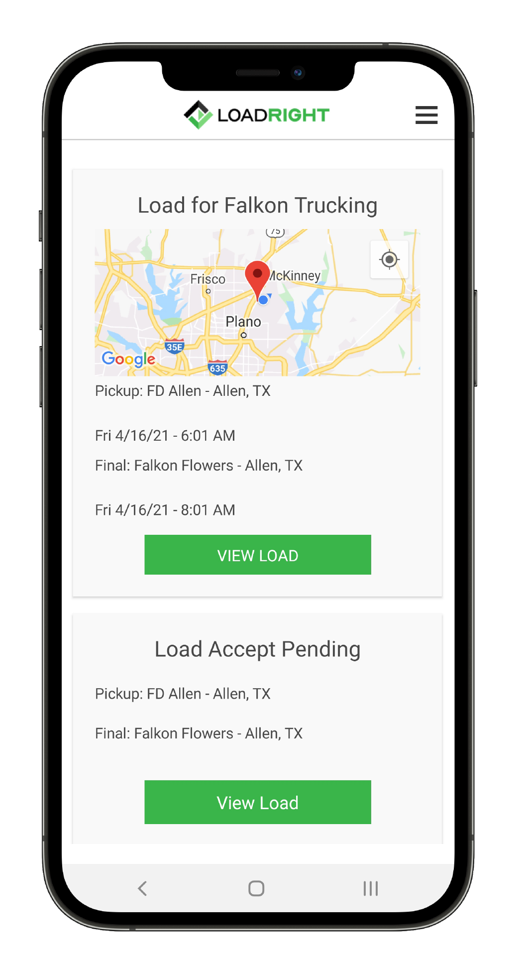 Load map screen from the mobile app developed for LoadRight