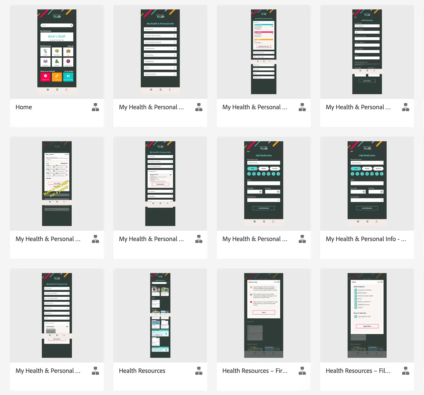 several screens showing a proposed app design with branding elements