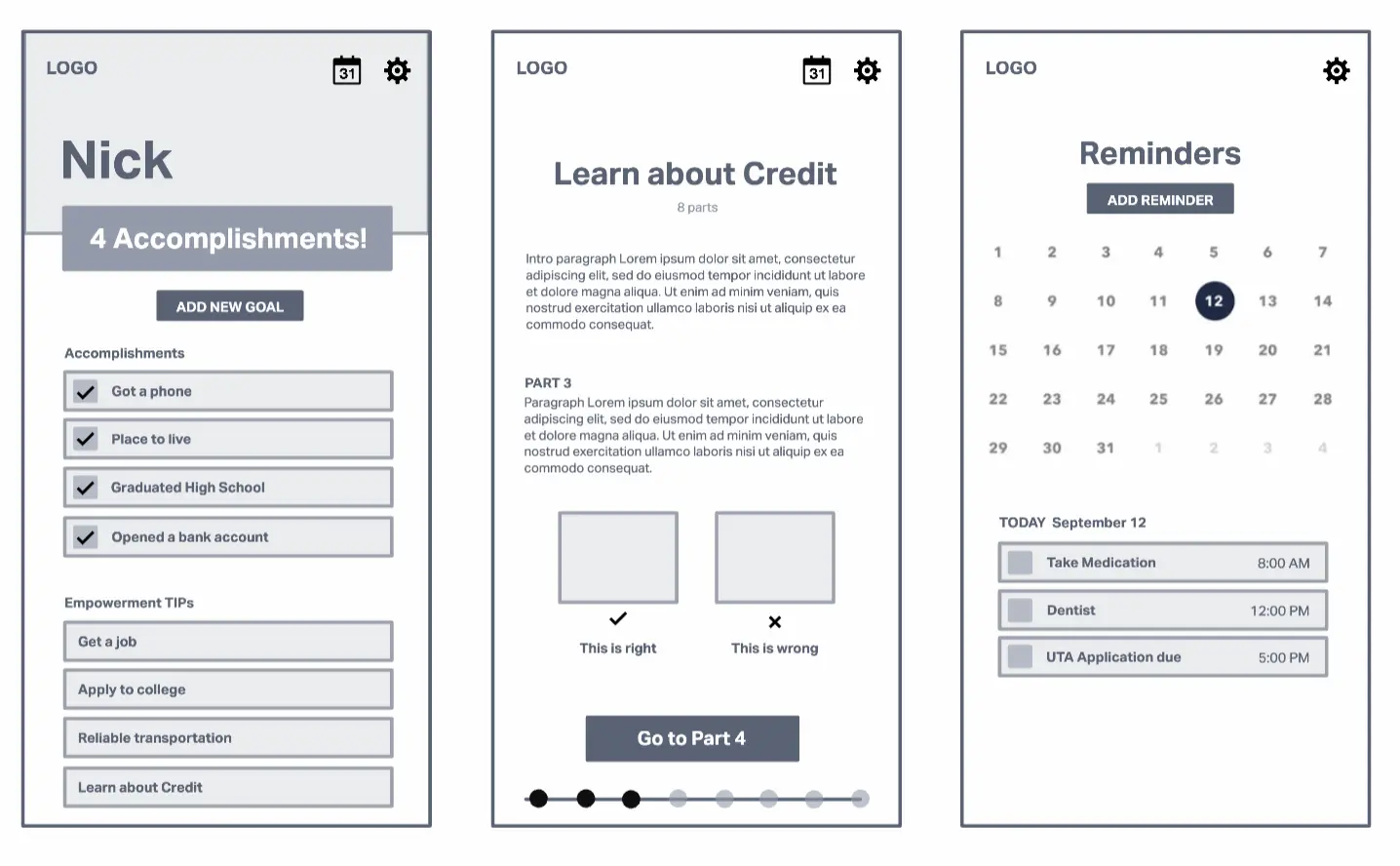 3 black and white mockup screens showing a proposed app design